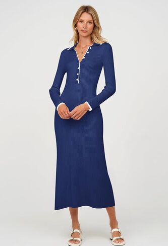 TECREW Women's Long Sleeve V Neck Sweater Maxi Dress Button Bodycon Fitted Fall Ribbed Knit Dresses in Saudi Arabia