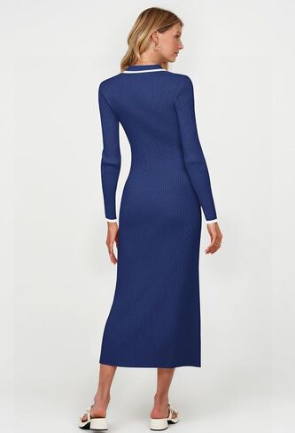 TECREW Women's Long Sleeve V Neck Sweater Maxi Dress Button Bodycon Fitted Fall Ribbed Knit Dresses in Saudi Arabia