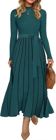 ZESICA Womens 2024 Fall Turtleneck Long Sleeve Sweater Dress Tie Waist Casual Loose Ribbed Knit A Line Midi Dresses in Saudi Arabia