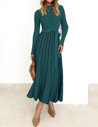 ZESICA Womens 2024 Fall Turtleneck Long Sleeve Sweater Dress Tie Waist Casual Loose Ribbed Knit A Line Midi Dresses in Saudi Arabia