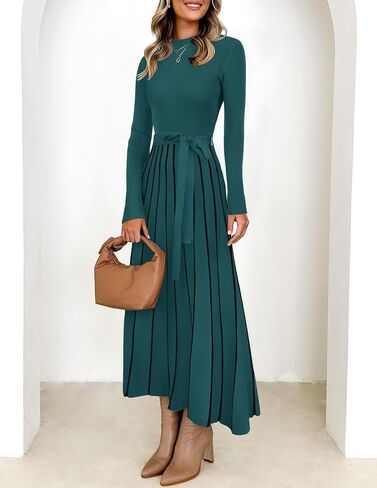 ZESICA Womens 2024 Fall Turtleneck Long Sleeve Sweater Dress Tie Waist Casual Loose Ribbed Knit A Line Midi Dresses in Saudi Arabia