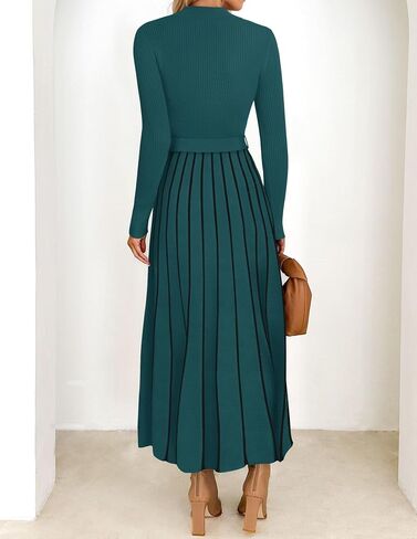 ZESICA Womens 2024 Fall Turtleneck Long Sleeve Sweater Dress Tie Waist Casual Loose Ribbed Knit A Line Midi Dresses in Saudi Arabia