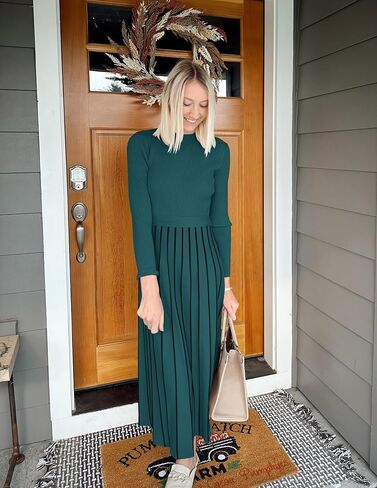 ZESICA Womens 2024 Fall Turtleneck Long Sleeve Sweater Dress Tie Waist Casual Loose Ribbed Knit A Line Midi Dresses in Saudi Arabia
