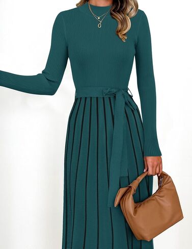 ZESICA Womens 2024 Fall Turtleneck Long Sleeve Sweater Dress Tie Waist Casual Loose Ribbed Knit A Line Midi Dresses in Saudi Arabia