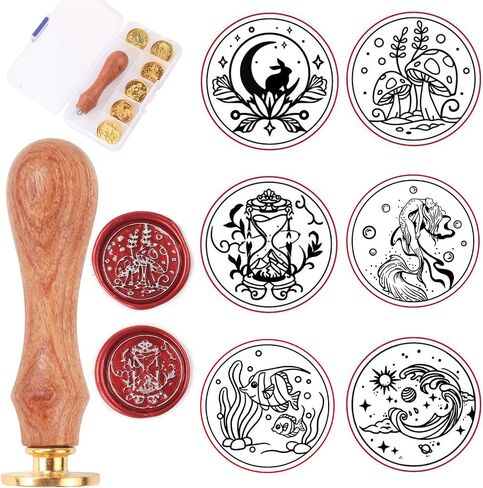 Wax Seal Stamp Kit, 6pcs Brass Sealing Wax Stamps Head & Wooden Handle Wax Seal Kit, Great for Wedding Invitations Cards Envelopes(Mushroom+Moon Rabbit+Mermaid+Sea+Magic Hourglass+Fish) (Ocean Series) in Saudi Arabia