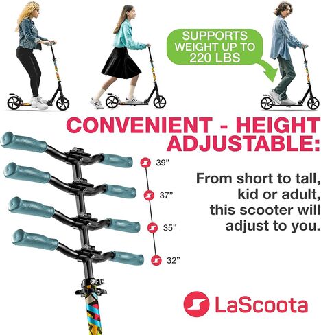 LaScoota Kick Scooter for Kids Ages 6+, Teens & Adults, Large 8" Sturdy Urethane Wheels. Adjustable Handlebar, Lightweight, Foldable, 220lbs Max Load in Saudi Arabia