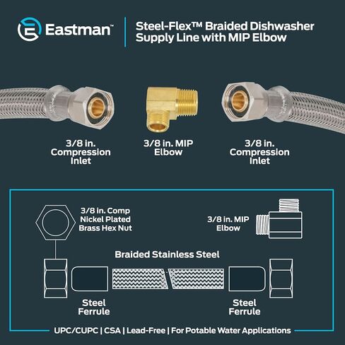 Eastman Dishwasher Installation Kit, 3/8 Inch Compression x 3/8 Inch MIP Elbow, 4 Foot Braided Stainless Steel Dishwasher Connectors, 48747 in Saudi Arabia