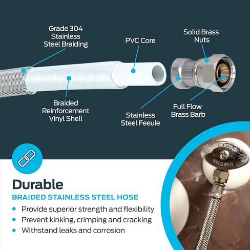 مجموعة تركيب غسالة الأطباق من إيستمان، ضغط 3/8 بوصة × كوع MIP 3/8 بوصة، موصلات غسالة الأطباق من الفولاذ المقاوم للصدأ بطول 4 أقدام، 48747 in Kuwait