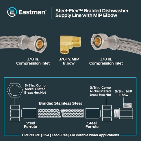 Eastman Dishwasher Installation Kit, 3/8 Inch Compression x 3/8 Inch MIP Elbow, 4 Foot Braided Stainless Steel Dishwasher Connectors, 48747 in Saudi Arabia