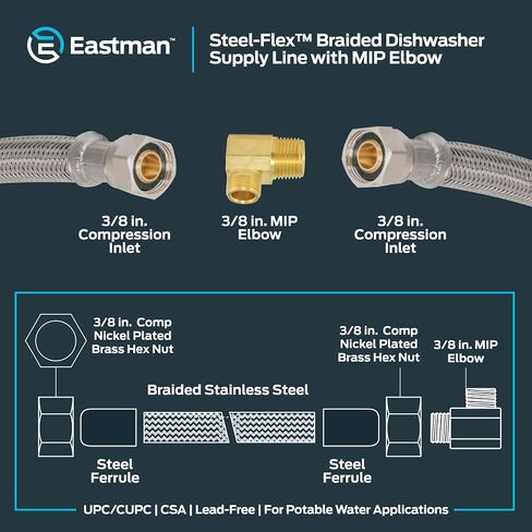 Eastman Dishwasher Installation Kit, 3/8 Inch Compression x 3/8 Inch MIP Elbow, 4 Foot Braided Stainless Steel Dishwasher Connectors, 48747 in Saudi Arabia