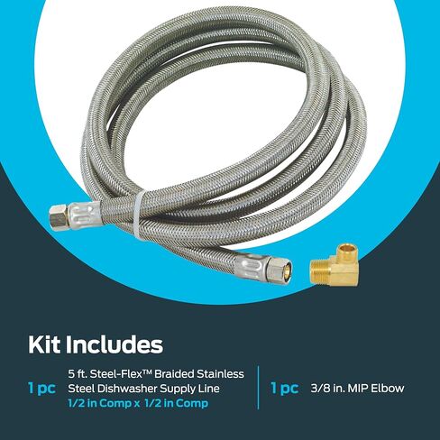 مجموعة تركيب غسالة الأطباق من إيستمان، ضغط 3/8 بوصة × كوع MIP 3/8 بوصة، موصلات غسالة الأطباق من الفولاذ المقاوم للصدأ بطول 4 أقدام، 48747 in Kuwait