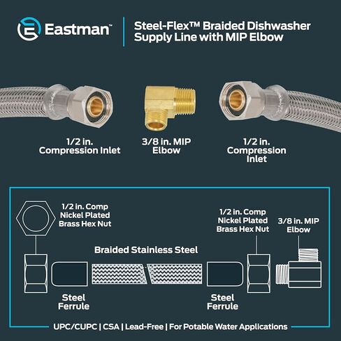 مجموعة تركيب غسالة الأطباق من إيستمان، ضغط 3/8 بوصة × كوع MIP 3/8 بوصة، موصلات غسالة الأطباق من الفولاذ المقاوم للصدأ بطول 4 أقدام، 48747 in Kuwait