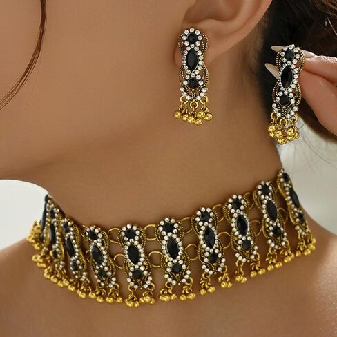 Womens Oxidized Pendant Choker Necklace Vintage Antique Drop Earrings Bohemian Handmade Rhinestone Kundan Traditional Bollywood Wedding Statement Bohemian Dancing Gypsy Indian Jewelry Set for Women Girls in Saudi Arabia