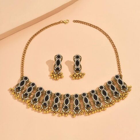 Womens Oxidized Pendant Choker Necklace Vintage Antique Drop Earrings Bohemian Handmade Rhinestone Kundan Traditional Bollywood Wedding Statement Bohemian Dancing Gypsy Indian Jewelry Set for Women Girls in Saudi Arabia