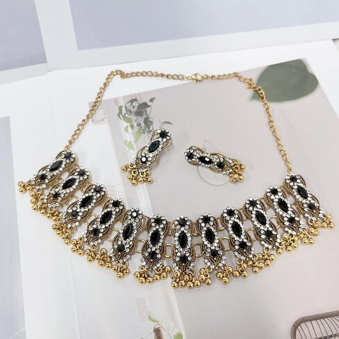 Womens Oxidized Pendant Choker Necklace Vintage Antique Drop Earrings Bohemian Handmade Rhinestone Kundan Traditional Bollywood Wedding Statement Bohemian Dancing Gypsy Indian Jewelry Set for Women Girls in Saudi Arabia
