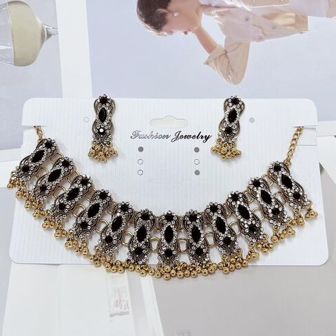 Womens Oxidized Pendant Choker Necklace Vintage Antique Drop Earrings Bohemian Handmade Rhinestone Kundan Traditional Bollywood Wedding Statement Bohemian Dancing Gypsy Indian Jewelry Set for Women Girls in Saudi Arabia