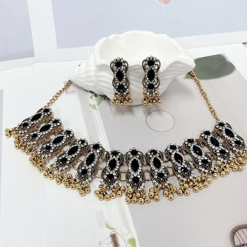 Womens Oxidized Pendant Choker Necklace Vintage Antique Drop Earrings Bohemian Handmade Rhinestone Kundan Traditional Bollywood Wedding Statement Bohemian Dancing Gypsy Indian Jewelry Set for Women Girls in Saudi Arabia