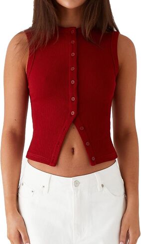 Women Vest Top Knit Ribbed Button Down Tank Top Sleeveless Slim Fit Cropped Going Out Tops Fall in Saudi Arabia