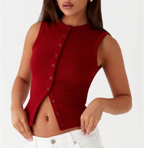 Women Vest Top Knit Ribbed Button Down Tank Top Sleeveless Slim Fit Cropped Going Out Tops Fall in Saudi Arabia