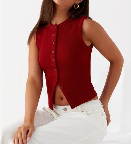 Women Vest Top Knit Ribbed Button Down Tank Top Sleeveless Slim Fit Cropped Going Out Tops Fall in Saudi Arabia