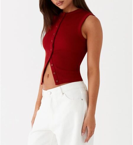 Women Vest Top Knit Ribbed Button Down Tank Top Sleeveless Slim Fit Cropped Going Out Tops Fall in Saudi Arabia