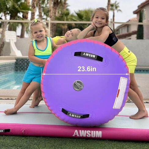 AWSUM 4ft L x 3ft Diam Air Roller Tumbling Barrel Mat Backbend Trainer لمعدات الجمباز القابلة للنفخ في صالة الألعاب الرياضية مع مضخة كهربائية وردي / أرجواني in Kuwait