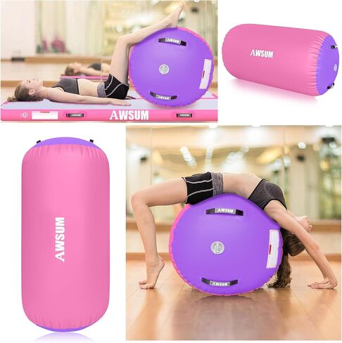 AWSUM 4ft L x 3ft Diam Air Roller Tumbling Barrel Mat Backbend Trainer لمعدات الجمباز القابلة للنفخ في صالة الألعاب الرياضية مع مضخة كهربائية وردي / أرجواني in Kuwait