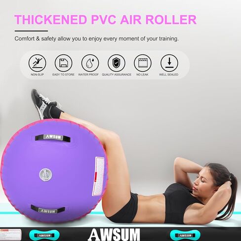 AWSUM 4ft L x 3ft Diam Air Roller Tumbling Barrel Mat Backbend Trainer لمعدات الجمباز القابلة للنفخ في صالة الألعاب الرياضية مع مضخة كهربائية وردي / أرجواني in Kuwait
