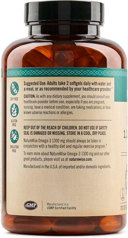 NatureWise High Potency Omega 3 1300 mg from Wild-Caught Fish Oil with EPA & DHA as TG - Promotes Brain & Heart Health - Burpless - Gluten, Dairy, & Soy Free, Non-GMO - 120 Softgels[2-Month Supply] in Kuwait