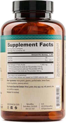 NatureWise High Potency Omega 3 1300 mg from Wild-Caught Fish Oil with EPA & DHA as TG - Promotes Brain & Heart Health - Burpless - Gluten, Dairy, & Soy Free, Non-GMO - 120 Softgels[2-Month Supply] in Kuwait