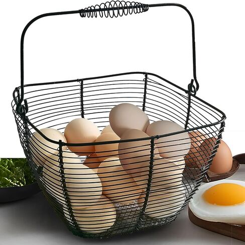 Black Square Wire Egg Basket For Fresh Egg with Handle,Famhouse Small Metal Egg Collecting Basket for Gathering Fresh Eggs Chicken Basket Decor for Kitchen Countertop Rustic Style in Saudi Arabia