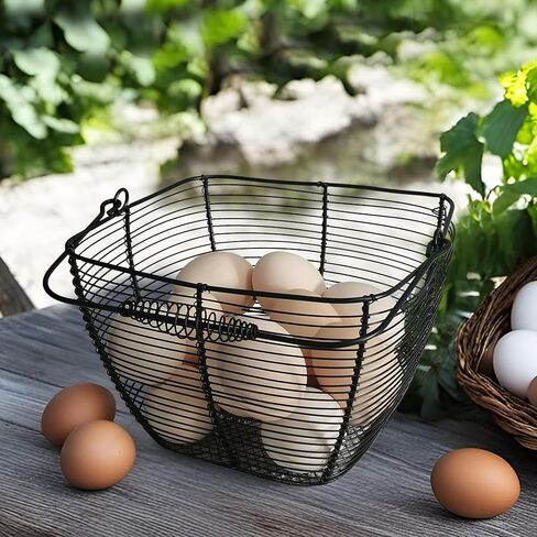 Black Square Wire Egg Basket For Fresh Egg with Handle,Famhouse Small Metal Egg Collecting Basket for Gathering Fresh Eggs Chicken Basket Decor for Kitchen Countertop Rustic Style in Saudi Arabia