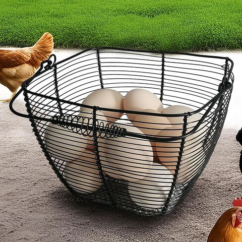 Black Square Wire Egg Basket For Fresh Egg with Handle,Famhouse Small Metal Egg Collecting Basket for Gathering Fresh Eggs Chicken Basket Decor for Kitchen Countertop Rustic Style in Saudi Arabia