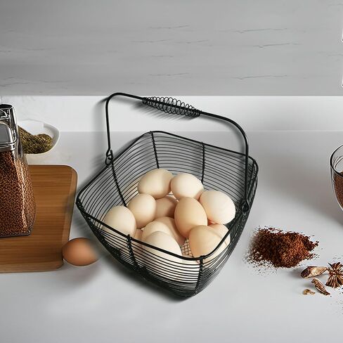 Black Square Wire Egg Basket For Fresh Egg with Handle,Famhouse Small Metal Egg Collecting Basket for Gathering Fresh Eggs Chicken Basket Decor for Kitchen Countertop Rustic Style in Saudi Arabia