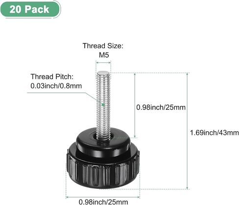 20 حزمة من مقابض التثبيت المخرشة، مسمار إبهام مخرش بخيط ذكر M5x25mm، برغي من الفولاذ الكربوني على مقابض المقابض للآلات/الإلكترونية/الأثاث، ومسامير تثبيت المقبض [أسود] in Saudi Arabia