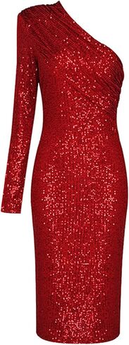 Madam Uniq Women's Sexy One Shoulder Long Sleeve Sequin Sparkle Dress Ruched Evening Gown Midi Formal Dresses in Saudi Arabia