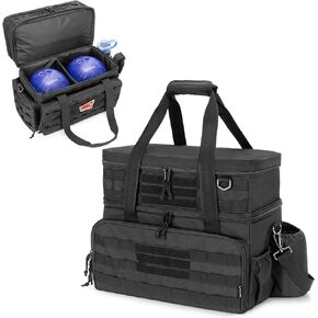 DSLEAF Bowling Bag for 2 Balls with Wooden Ball Holder, Bowling Ball Tote with Padded Divider for A Pair of Bowling Shoes Up to Mens 16 and Extra Essentials (Patent Design), Bag Only