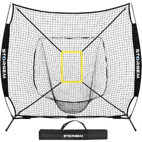 Baseball and Softball Practice Net 7×7ft Portable Hitting Pitching Batting Training Net Baseball Backstop Net with Batting Tee and Strike Zone and Bow Frame
