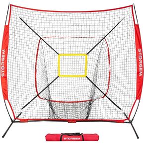 Baseball and Softball Practice Net 7×7ft Portable Hitting Pitching Batting Training Net Baseball Backstop Net with Batting Tee and Strike Zone and Bow Frame