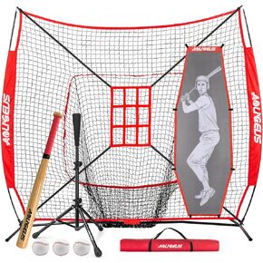 7'X7' Baseball Softball Practice Net,Pitching Net,Batting Net,with Baseball Tee,Bonus Strike Zone and Bow Frame,for Hitting,Pitching, Catching