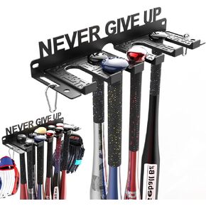 Baseball Bat Holder Wall Mount, Baseball Bat Storage Rack, Holds 10 Bats on Wooden or Concrete Wall, Metal Bat Hanger with Fully Wrapped Rubber Mat, Hardware Included