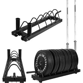 Signature Fitness Horizontal Plate and Olympic Bar Rack Organizer with Steel Frame and Transport Wheels