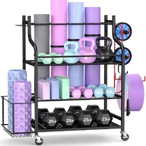 Mythinglogic Yoga Mat Storage Racks,Home Gym Storage Rack for Dumbbells Kettlebells Foam Roller, Yoga Strap and Resistance Bands, Workout Equipment Storage Organizer With Hooks and Wheels