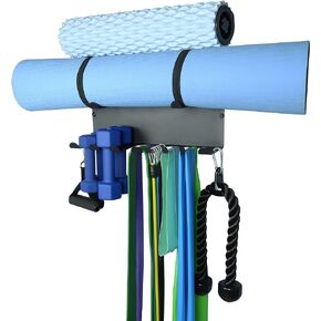 Alvade Gym Storage Rack,Double Layer Multi-Purpose Exercise Bands Rack,Resistance Bands Rack with 10 Hooks for Lifting Belt and Jump Rope Storage, Yoga Mat and Foam Roller Holder (Hardware Included)