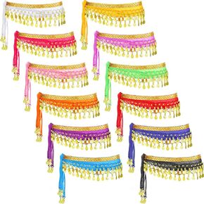 Zhanmai 12 Pieces Belly Dance Hip Scarf for Belly Dancer 12 Colors Waist Chain Dance Hip Scarf Belt with Dangling Coins (Gold Coins,Classic Style)