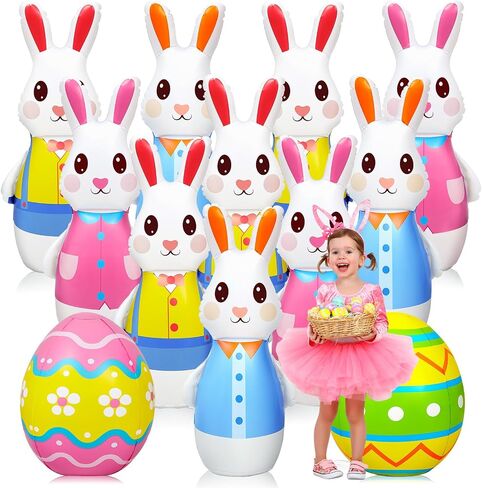 مجموعة بولينج عملاقة قابلة للنفخ لعيد الفصح من شابي 12 قطعة مقاس 28 بوصة، لعبة حفلة أرنب عيد الفصح للأطفال والكبار والأسرة 10 دبابيس وكرتين لمستلزمات حفلات عيد الفصح، وحفلات داخلية وخارجية، وحفلات أعياد الميلاد in Saudi Arabia