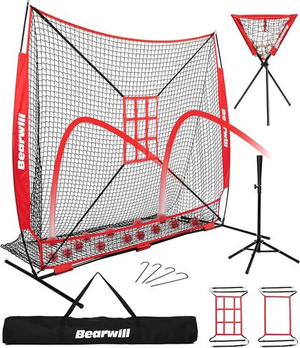 Bearwill Baseball Net, 7x7ft Baseball Softball Practice Net with Large Ball Collection System, Pitching Net with Batting Tee, 2 Strike Zone, Carry Bag, Baseball Nets for Batting Hitting Pitching in Kuwait