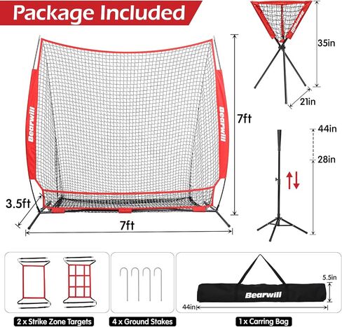 Bearwill Baseball Net, 7x7ft Baseball Softball Practice Net with Large Ball Collection System, Pitching Net with Batting Tee, 2 Strike Zone, Carry Bag, Baseball Nets for Batting Hitting Pitching in Kuwait