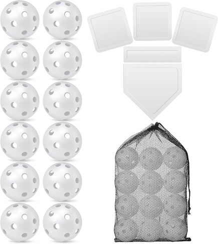 Glimin 17 Pcs Plastic Training Practice Balls and Thrown Down Baseball Bases Set Include 12 Pcs Hollow Soft Balls Plastic Balls with Bag and 5 Pcs Rubber Base Set Home Plate Baseball for Kids Adults in Saudi Arabia
