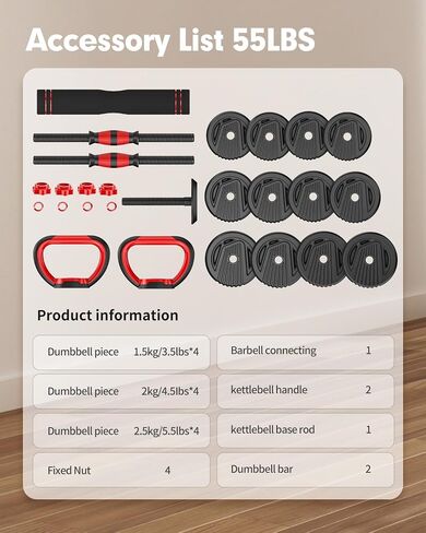 Adjustable Dumbbell Set 20LBS/35LBS/55LB/70LBS/90lbs Free Weights Dumbbells, 4 in 1 Weight Set, Dumbbell, Barbell, Kettlebell, Push-up, Home Gym Fitness Workout Equipment for Men Women in Saudi Arabia